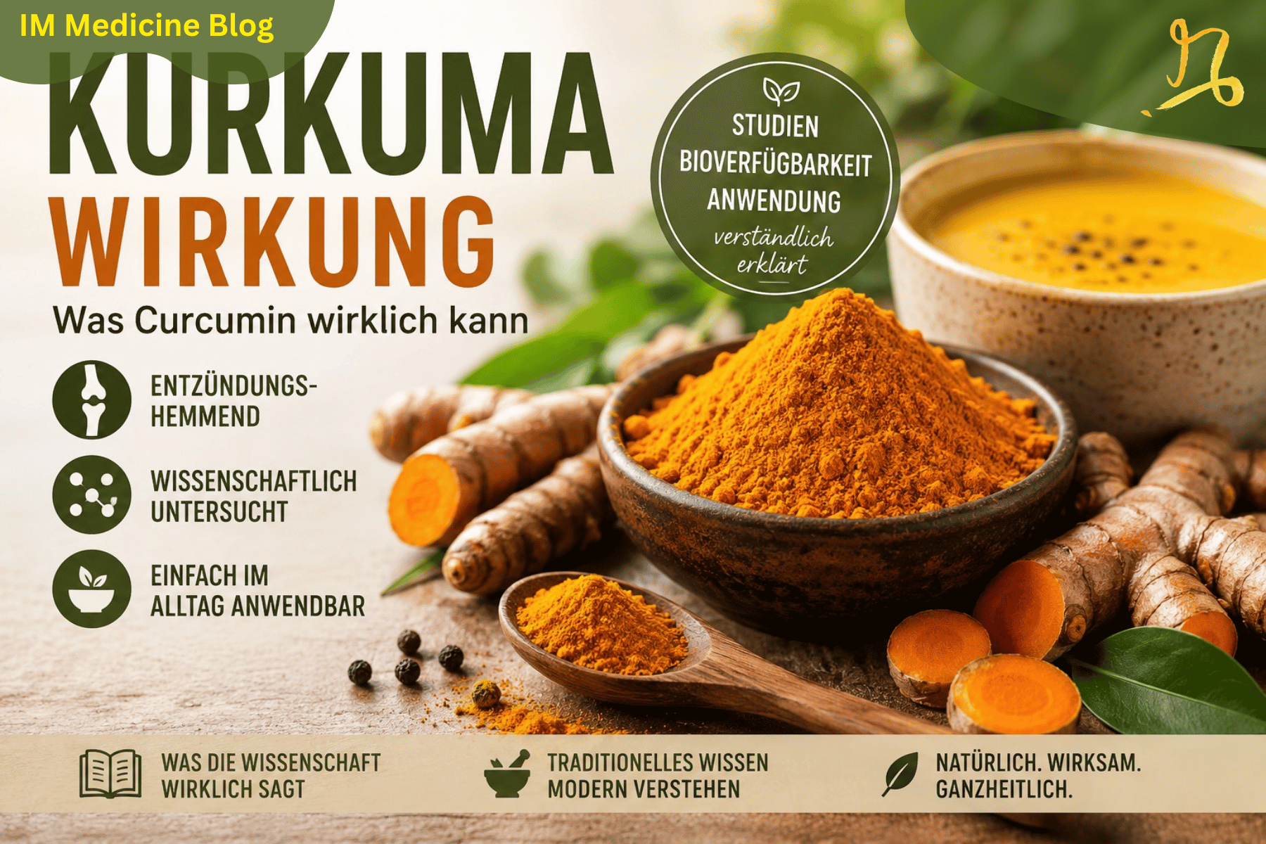Kurkuma-Pulver und frische Kurkumawurzeln neben Goldener Milch – Symbolbild zur Wirkung von Curcumin, Studienlage und Anwendung im Alltag.
